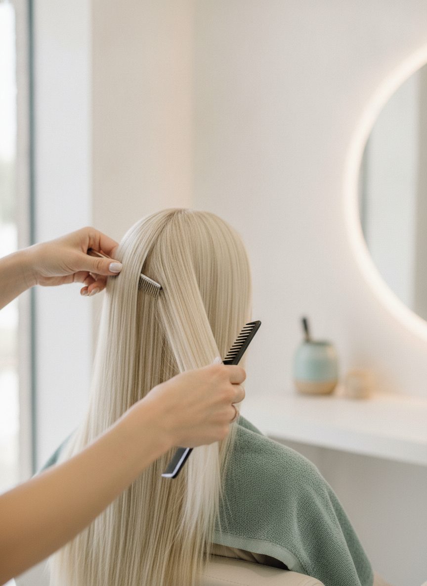 A stylist's hands gently sectioning and brushing long hair at a bright salon station.