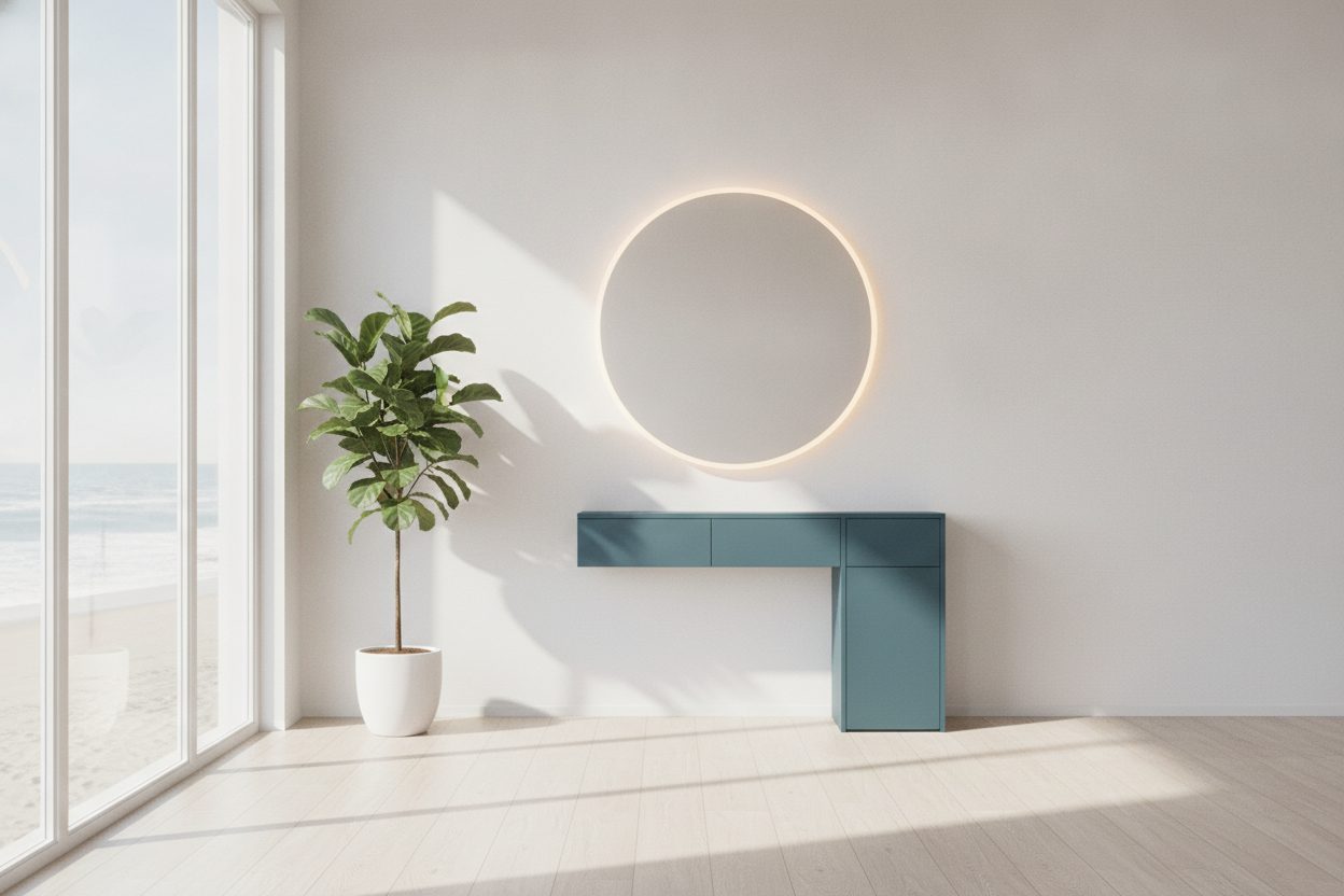 A bright, sun-filled salon corner with a round backlit mirror, teal cabinet, a leafy plant and a window looking out to the coast.