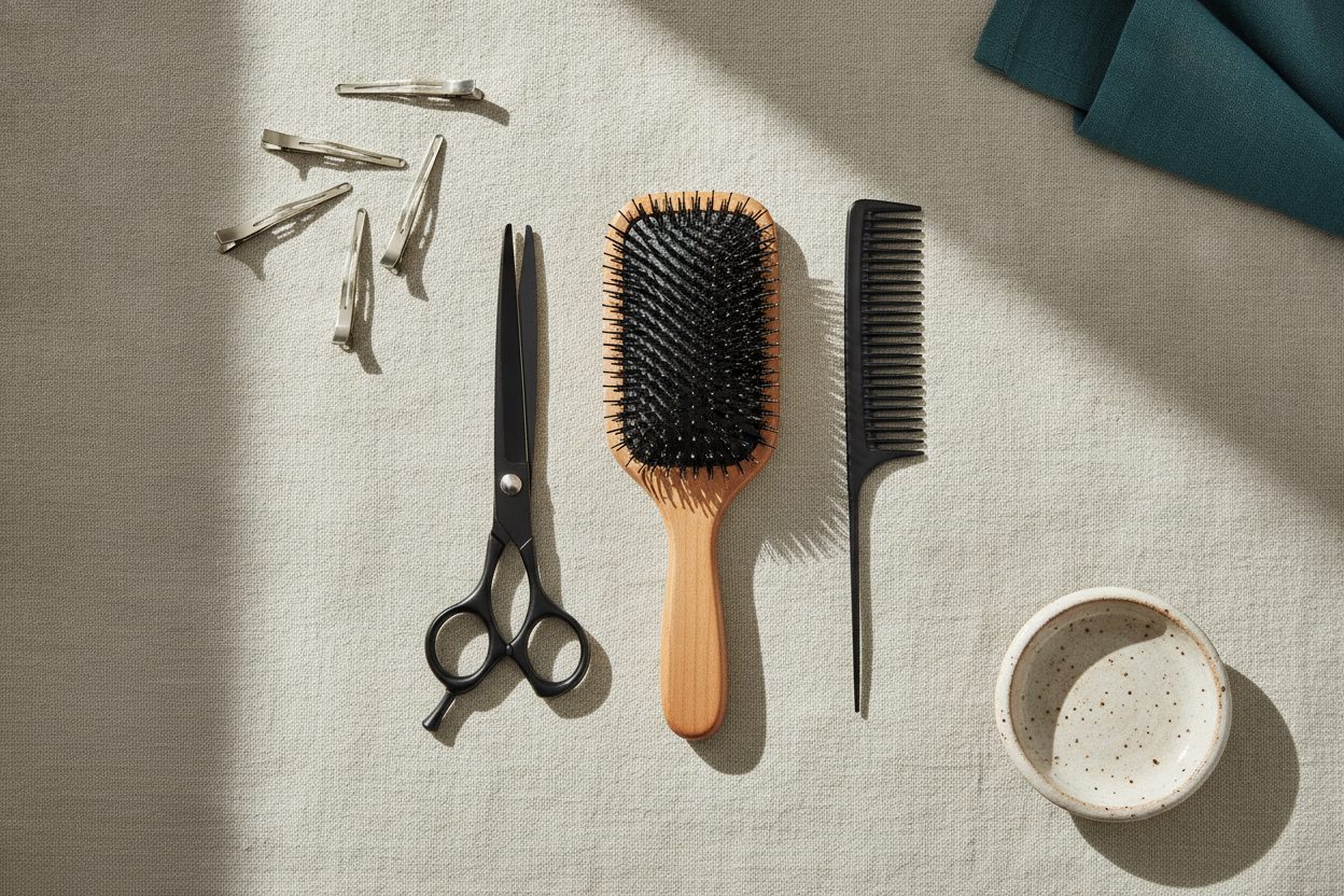 Flat lay of salon tools: matte black shears, a paddle brush, a tail comb and sectioning clips on a pale linen surface.